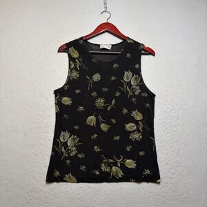 Frazier Lawrence Tank Top Women Medium Black Floral Tulip Y2K Sleeveless Shell